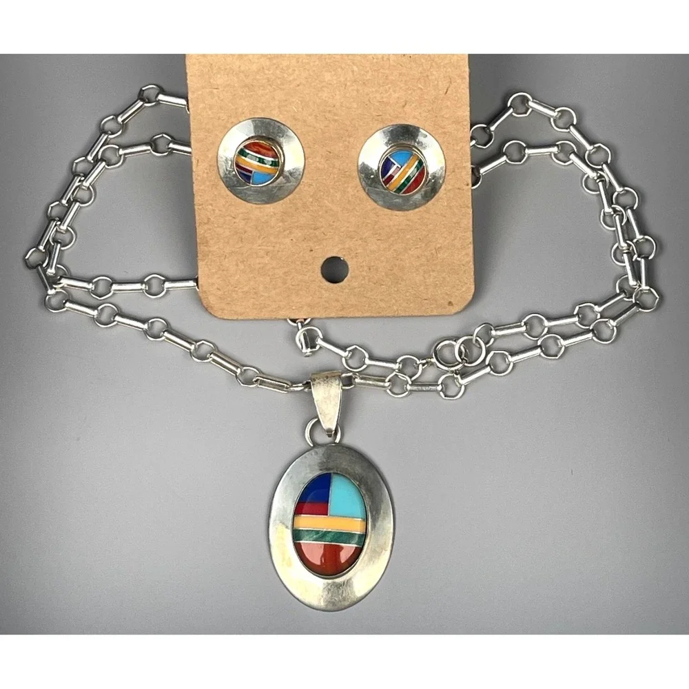 Ella Peter Sterling Multistone Inlay Pendant Earrings Set 24